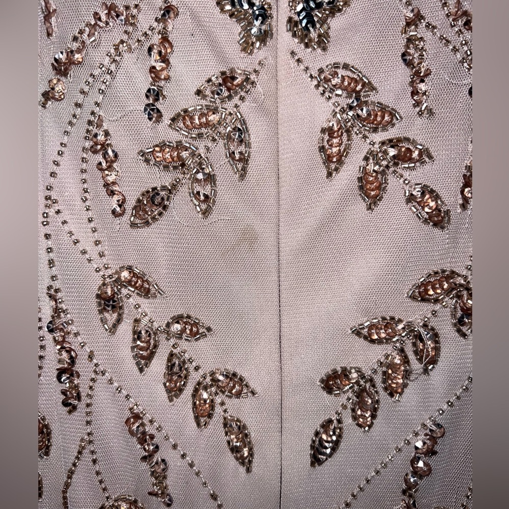 ADRIANNA PAPELL Wome’s Hand Beaded Short Sleeve Floral Godet Gown In Taupe Pink - Picture 4 of 9